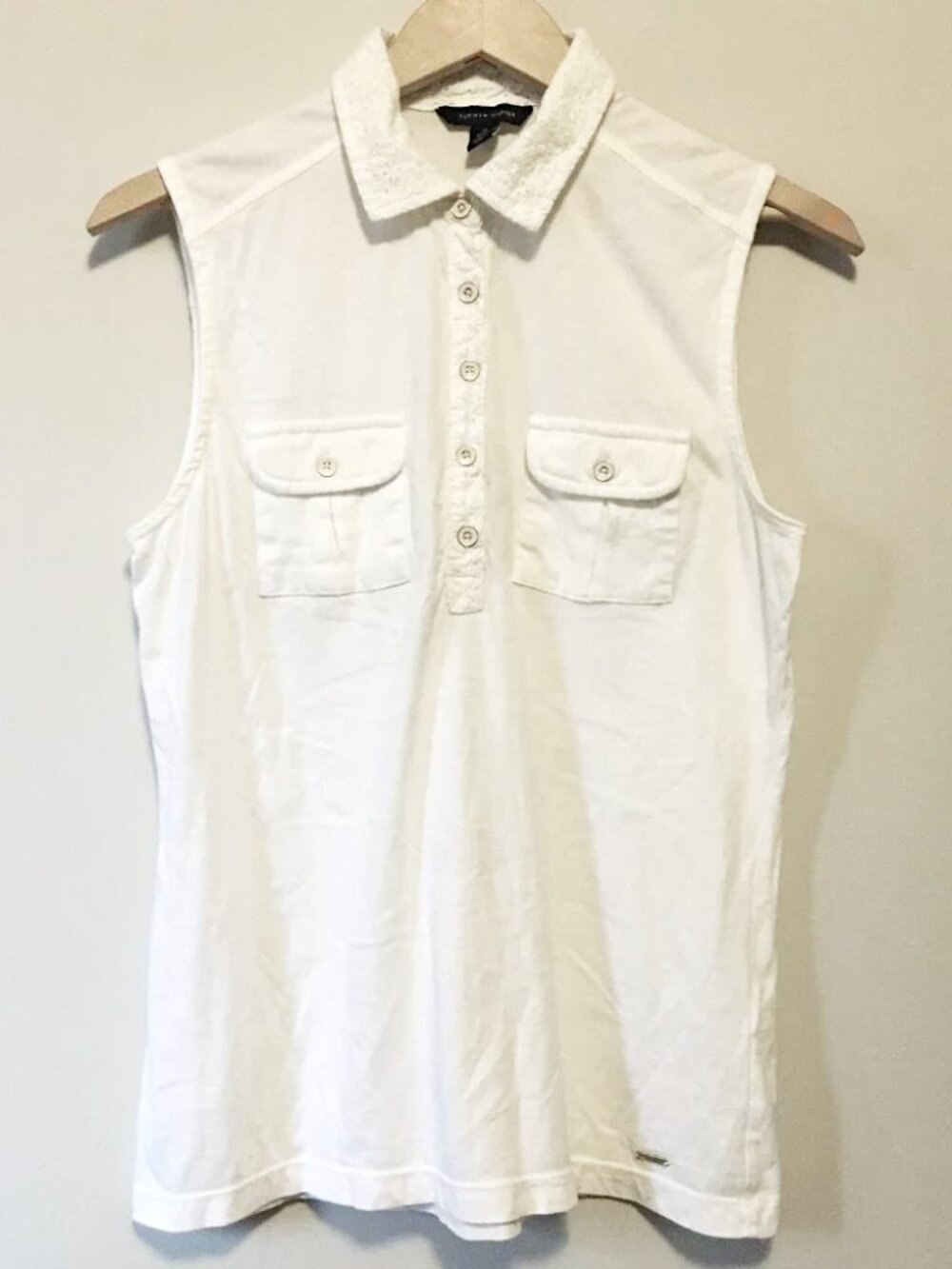 Tommy Hilfiger White Preppy Eyelet Collar Cotton 1/2 Button Up Tank Top M